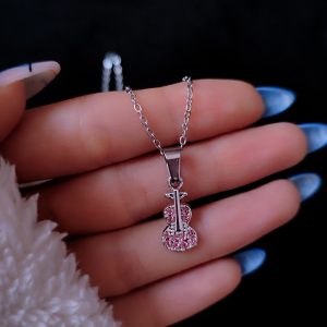 گردنبند گیتار صورتی فول نگین
